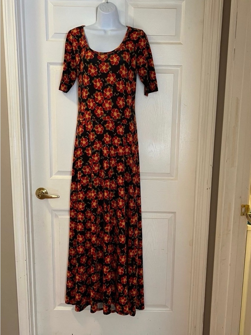 LuLaRoe Black Maxi Dress with Red & Orange Floral Print